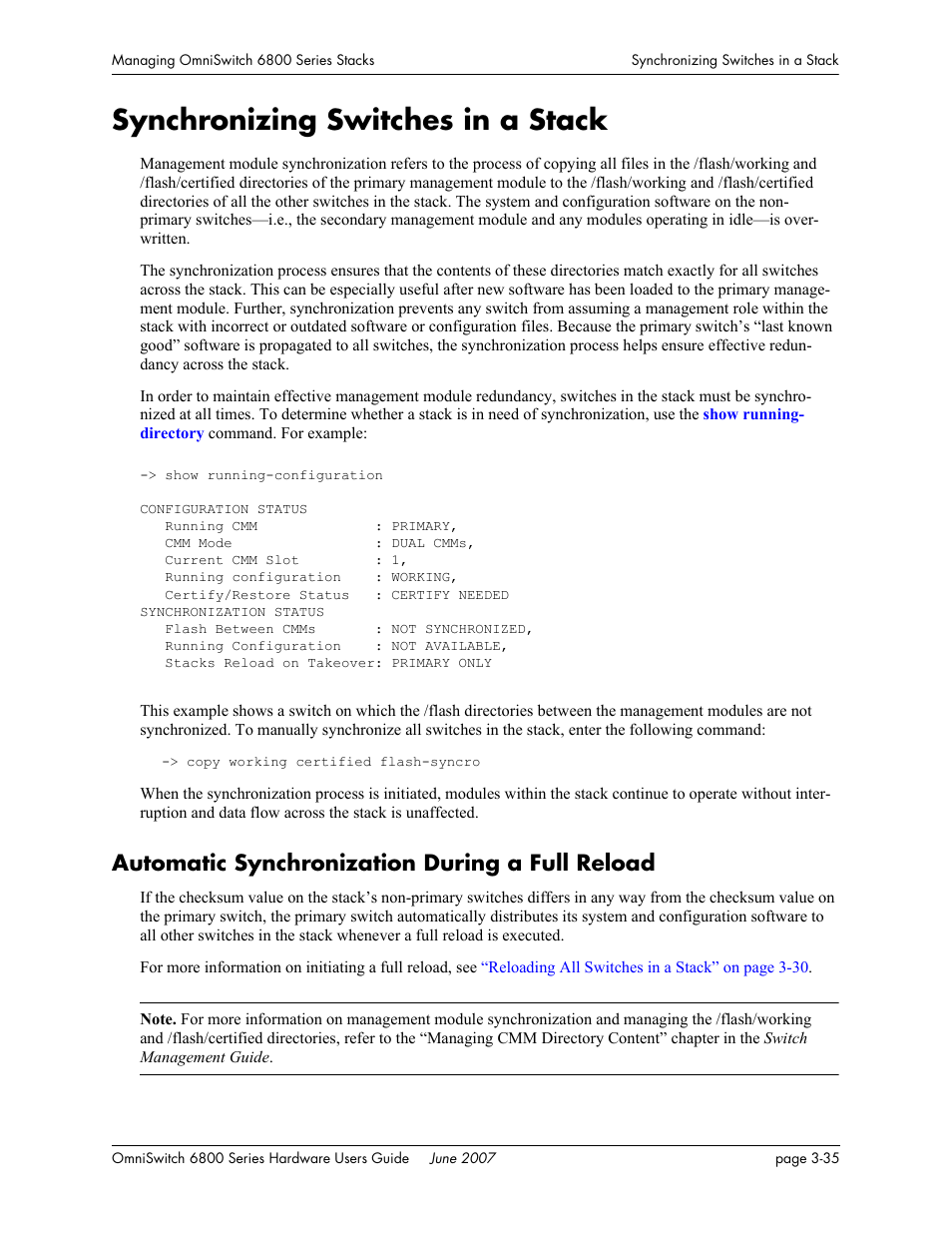 Synchronizing switches in a stack, Automatic synchronization during a full reload, Synchronizing switches in a stack -35 | Automatic synchronization during a full reload -35, Synchro | Alcatel-Lucent OMNISWITCH 6800 User Manual | Page 115 / 134