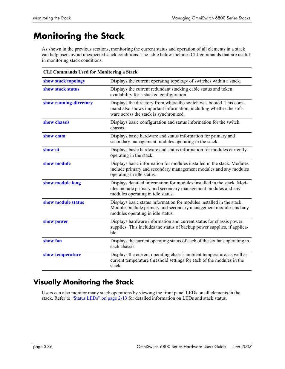 Monitoring the stack, Visually monitoring the stack, Monitoring the stack -36 | Visually monitoring the stack -36 | Alcatel-Lucent OMNISWITCH 6800 User Manual | Page 116 / 134