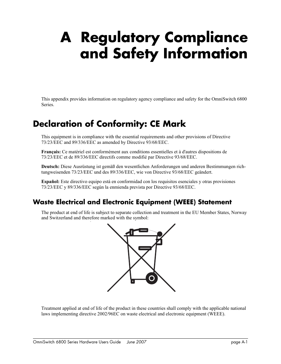 A. regulatory compliance and safety information, Declaration of conformity: ce mark, Appendix a | Regulatory compliance and safety information, A regulatory compliance and safety information | Alcatel-Lucent OMNISWITCH 6800 User Manual | Page 119 / 134