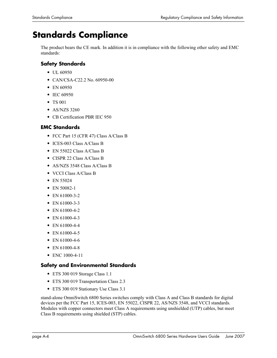 Standards compliance | Alcatel-Lucent OMNISWITCH 6800 User Manual | Page 122 / 134