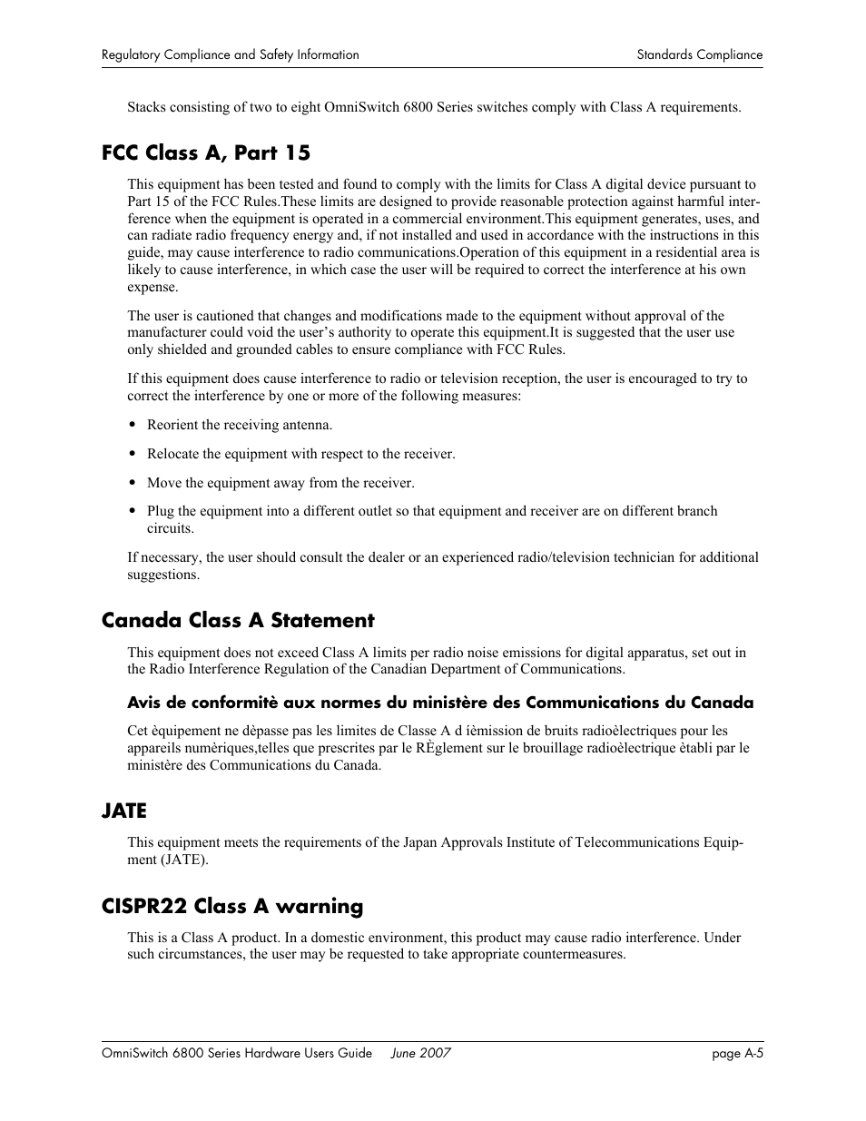 Fcc class a, part 15, Canada class a statement, Jate | Cispr22 class a warning | Alcatel-Lucent OMNISWITCH 6800 User Manual | Page 123 / 134