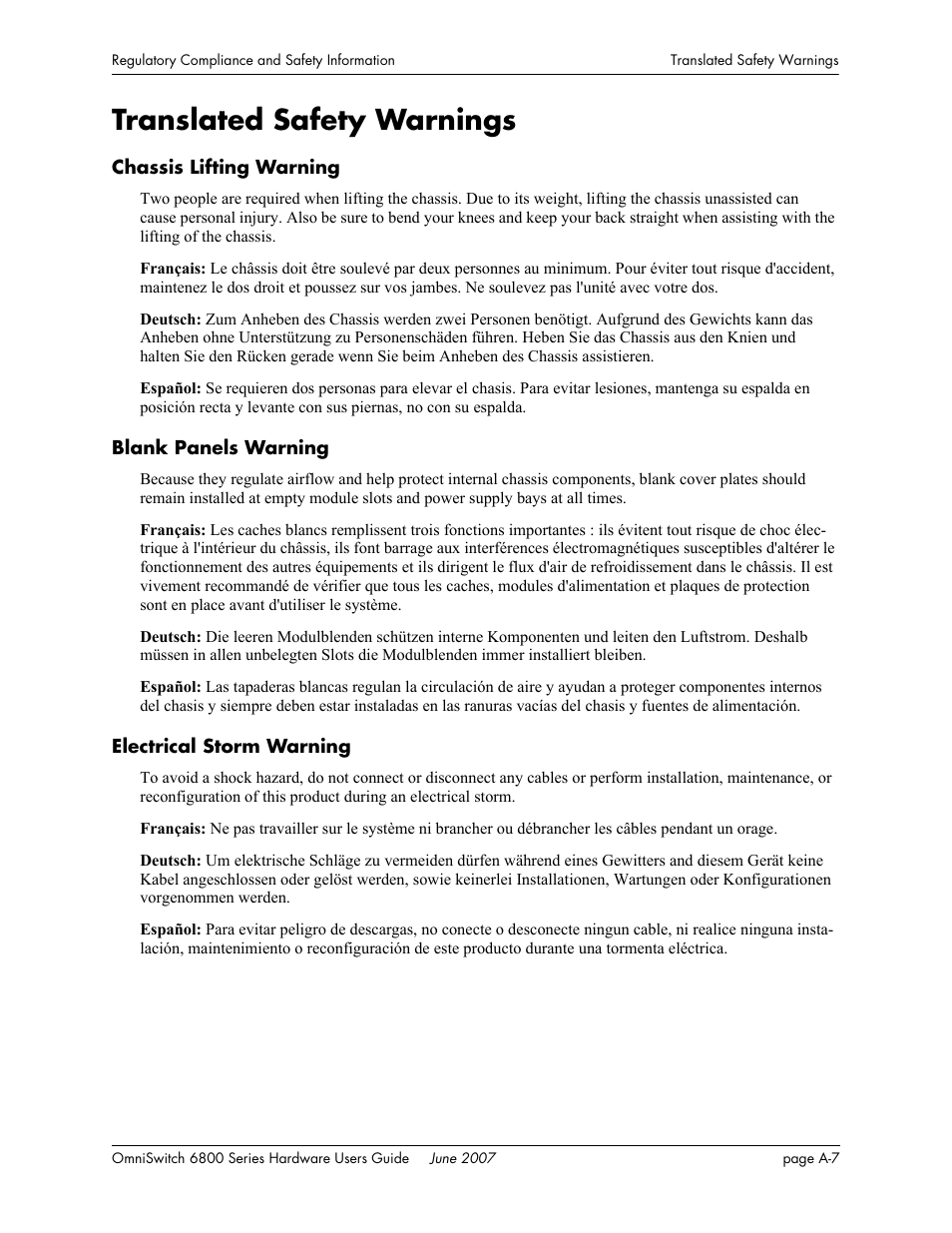 Translated safety warnings, Chassis lifting warning, Blank panels warning | Electrical storm warning | Alcatel-Lucent OMNISWITCH 6800 User Manual | Page 125 / 134