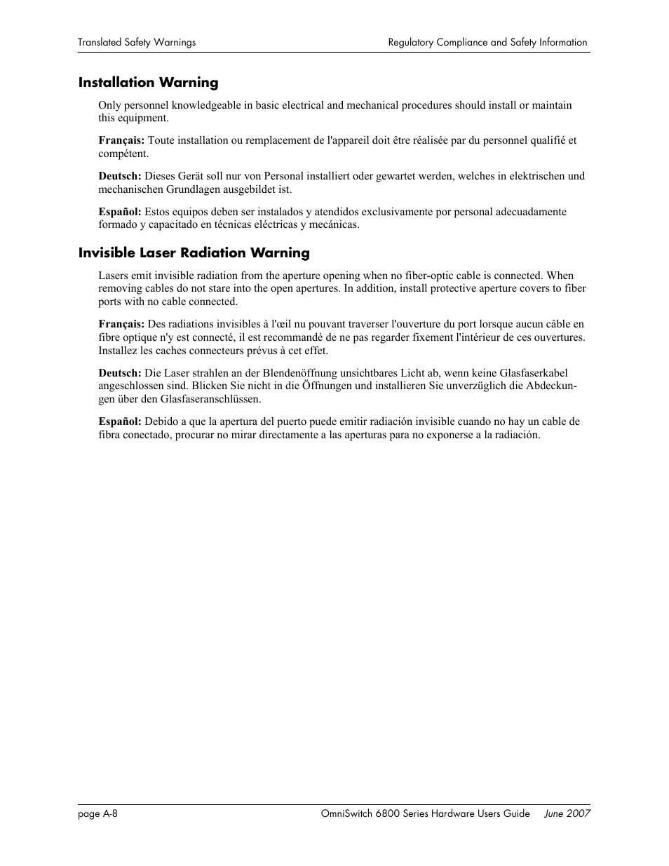 Installation warning, Invisible laser radiation warning | Alcatel-Lucent OMNISWITCH 6800 User Manual | Page 126 / 134