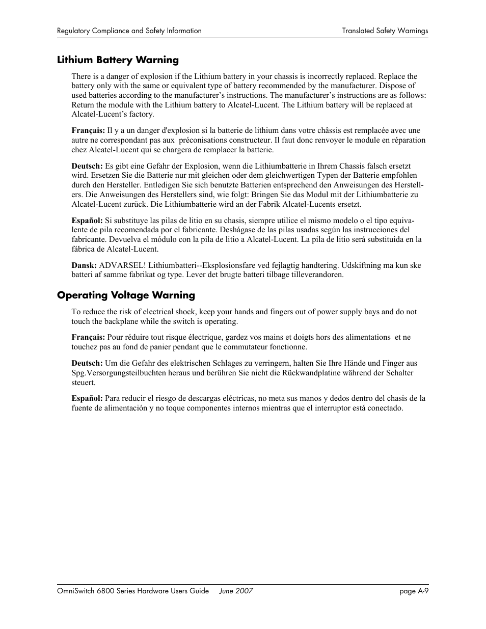 Lithium battery warning, Operating voltage warning | Alcatel-Lucent OMNISWITCH 6800 User Manual | Page 127 / 134