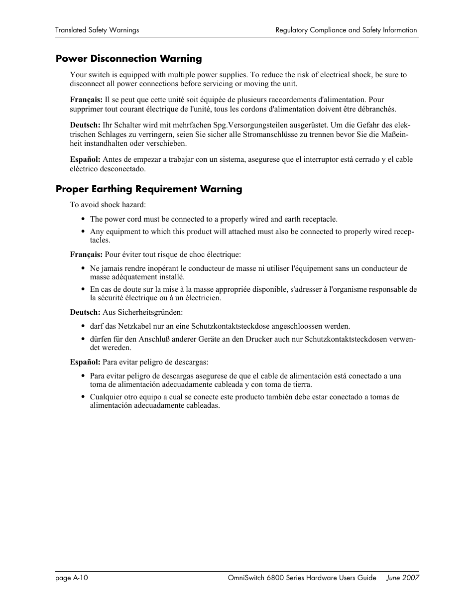 Power disconnection warning, Proper earthing requirement warning | Alcatel-Lucent OMNISWITCH 6800 User Manual | Page 128 / 134