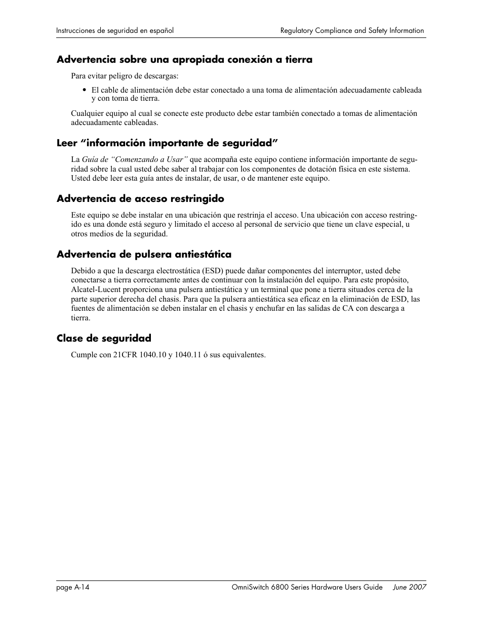 Advertencia sobre una apropiada conexión a tierra, Leer “información importante de seguridad, Advertencia de acceso restringido | Advertencia de pulsera antiestática, Clase de seguridad | Alcatel-Lucent OMNISWITCH 6800 User Manual | Page 132 / 134