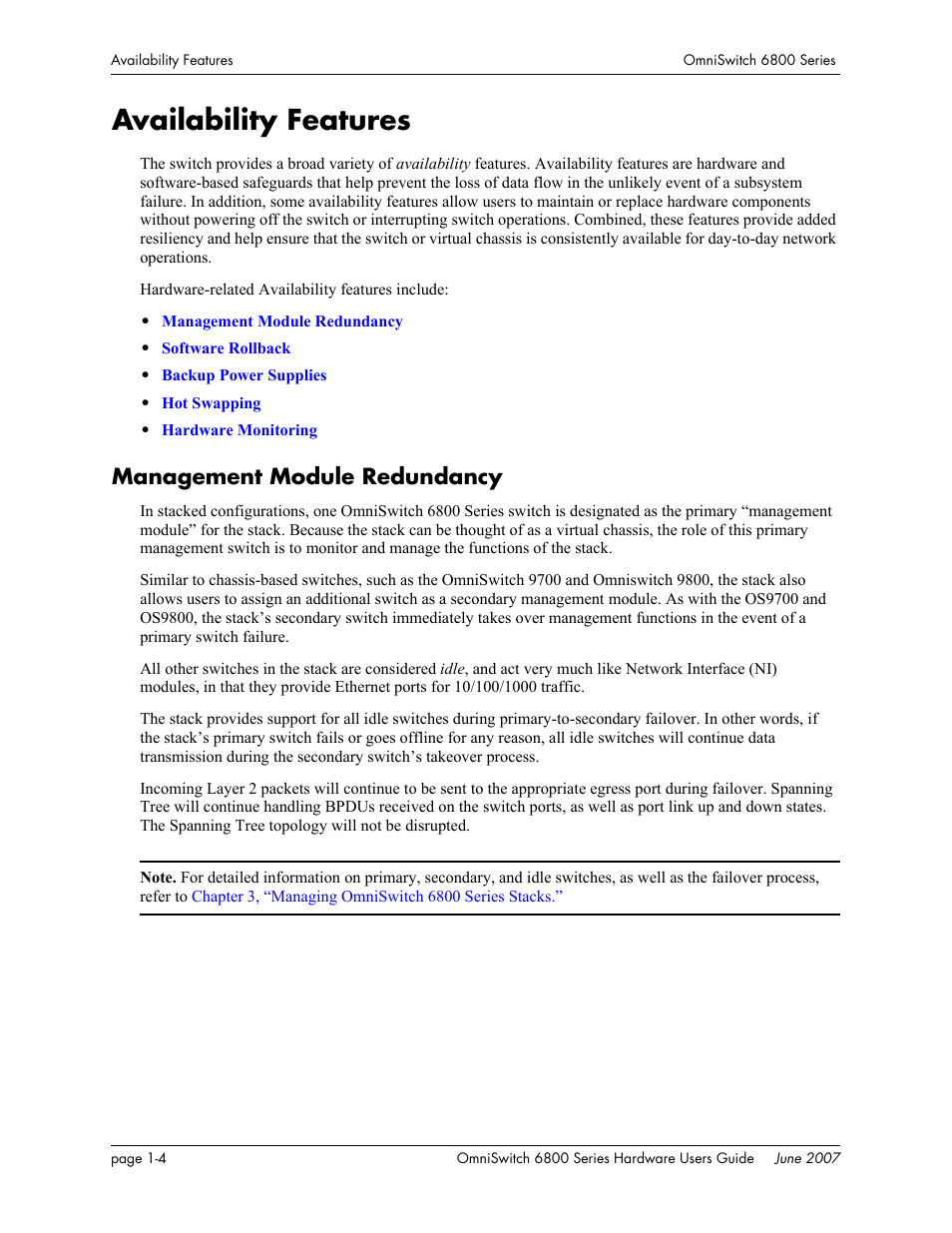 Availability features, Management module redundancy, Management module redundancy -4 | Alcatel-Lucent OMNISWITCH 6800 User Manual | Page 18 / 134