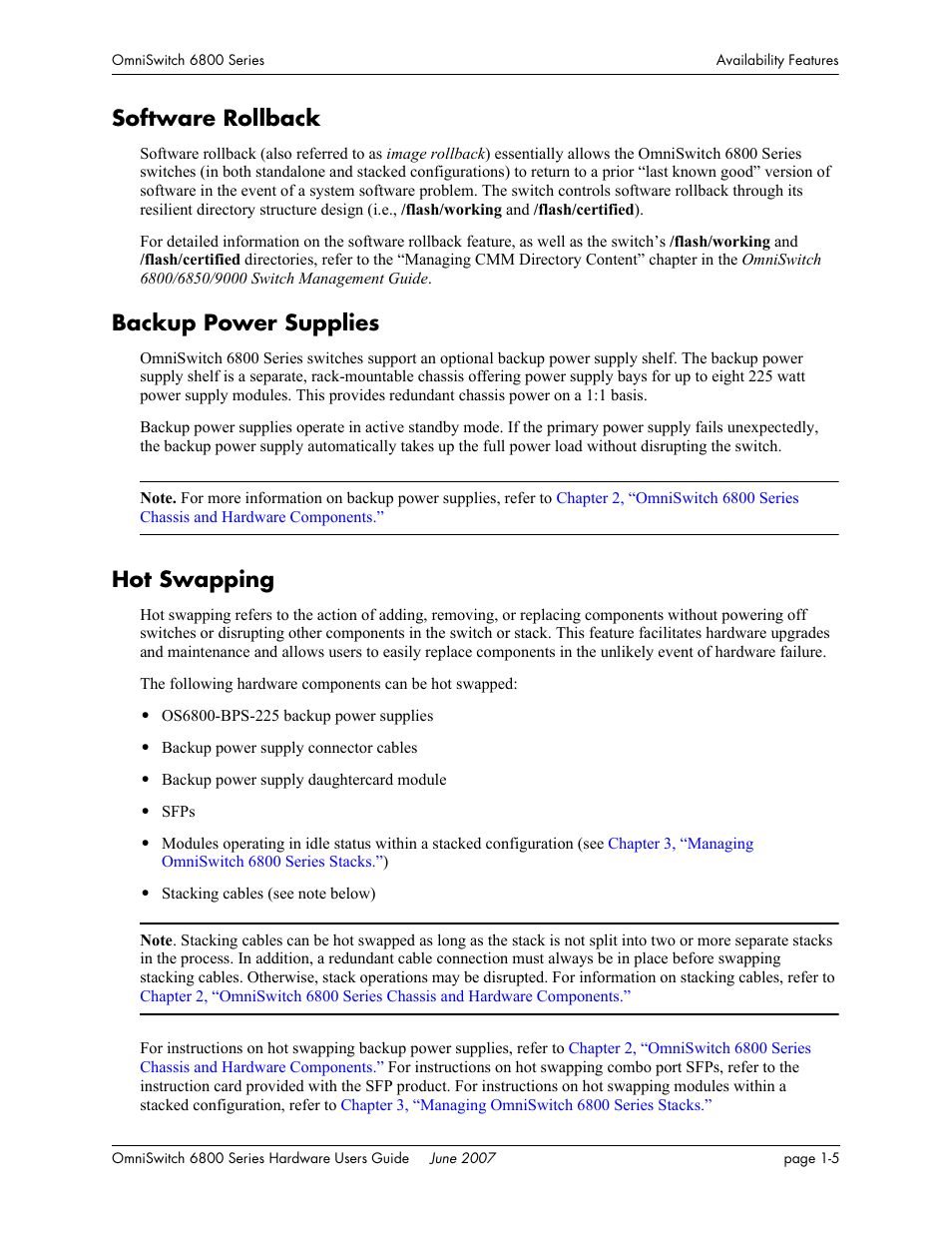 Software rollback, Backup power supplies, Hot swapping | Alcatel-Lucent OMNISWITCH 6800 User Manual | Page 19 / 134