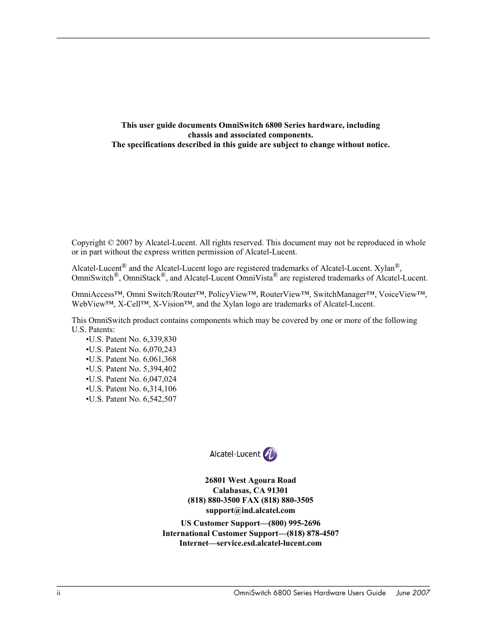 Copyright information, Patents, Contacting alcatel | Alcatel-Lucent OMNISWITCH 6800 User Manual | Page 2 / 134