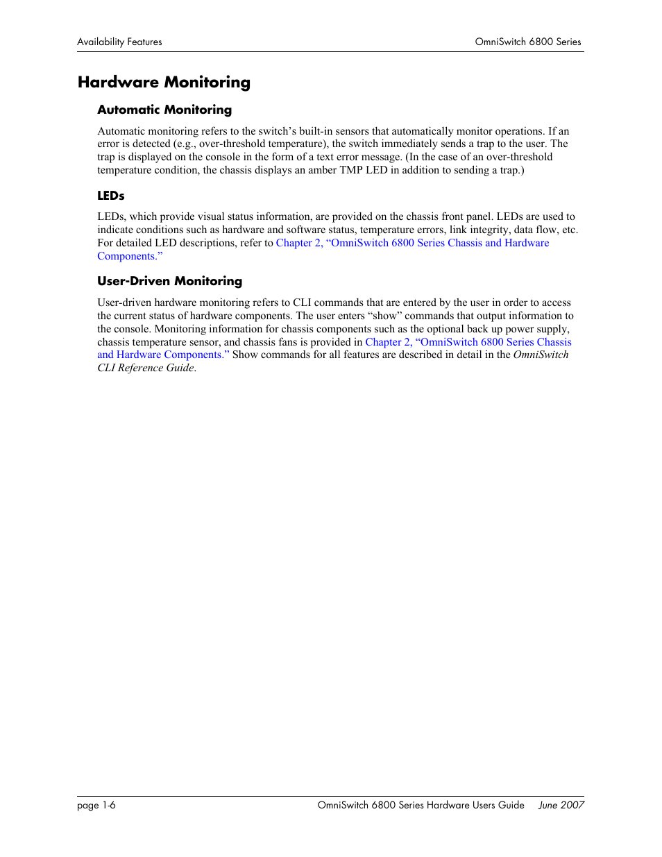 Hardware monitoring, Hardware monitoring -6 | Alcatel-Lucent OMNISWITCH 6800 User Manual | Page 20 / 134