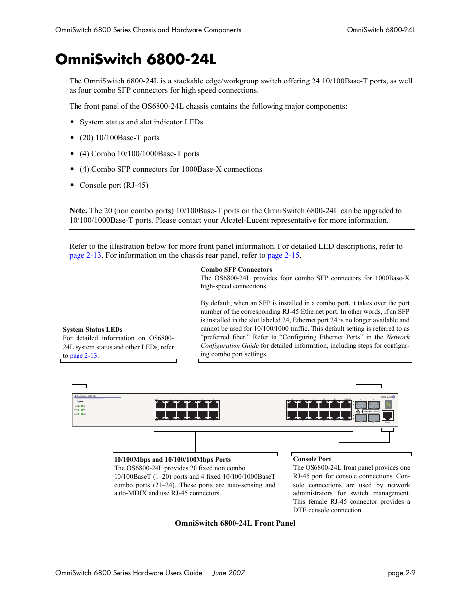 Omniswitch 6800-24l, Omniswitch 6800-24l -9, System status and slot indicator leds | Alcatel-Lucent OMNISWITCH 6800 User Manual | Page 35 / 134