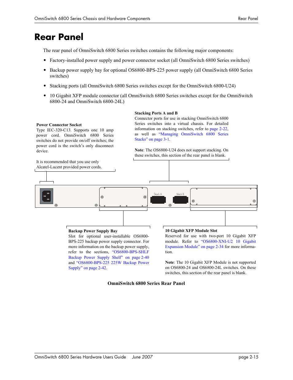Rear panel, Rear panel -15, Panel, refer to | Alcatel-Lucent OMNISWITCH 6800 User Manual | Page 41 / 134