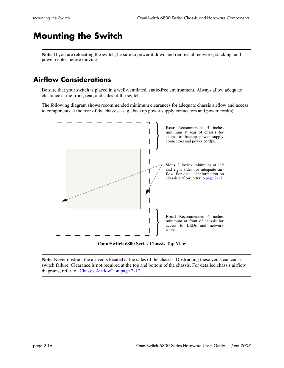 Mounting the switch, Airflow considerations, Mounting the switch -16 | Airflow considerations -16 | Alcatel-Lucent OMNISWITCH 6800 User Manual | Page 42 / 134