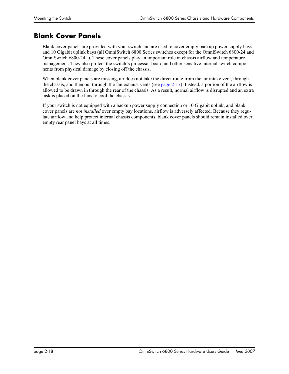 Blank cover panels, Blank cover panels -18 | Alcatel-Lucent OMNISWITCH 6800 User Manual | Page 44 / 134