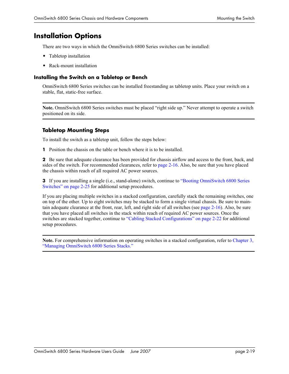 Installation options, Installing the switch on a tabletop or bench, Installation options -19 | Installing the switch on a tabletop or bench -19 | Alcatel-Lucent OMNISWITCH 6800 User Manual | Page 45 / 134