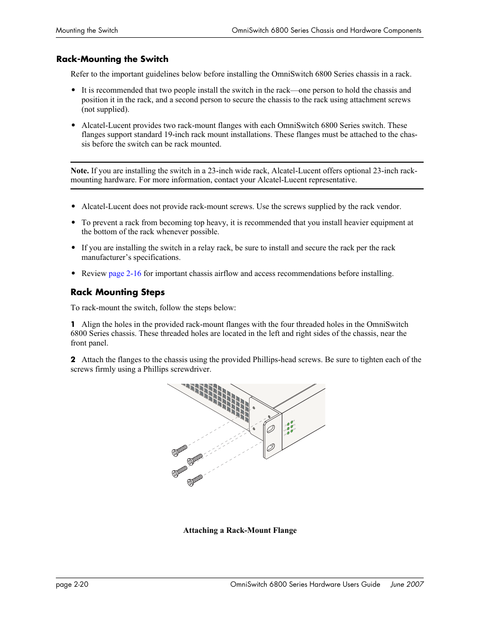Rack-mounting the switch, Rack-mounting the switch -20, Rack mounting steps | Alcatel-Lucent OMNISWITCH 6800 User Manual | Page 46 / 134