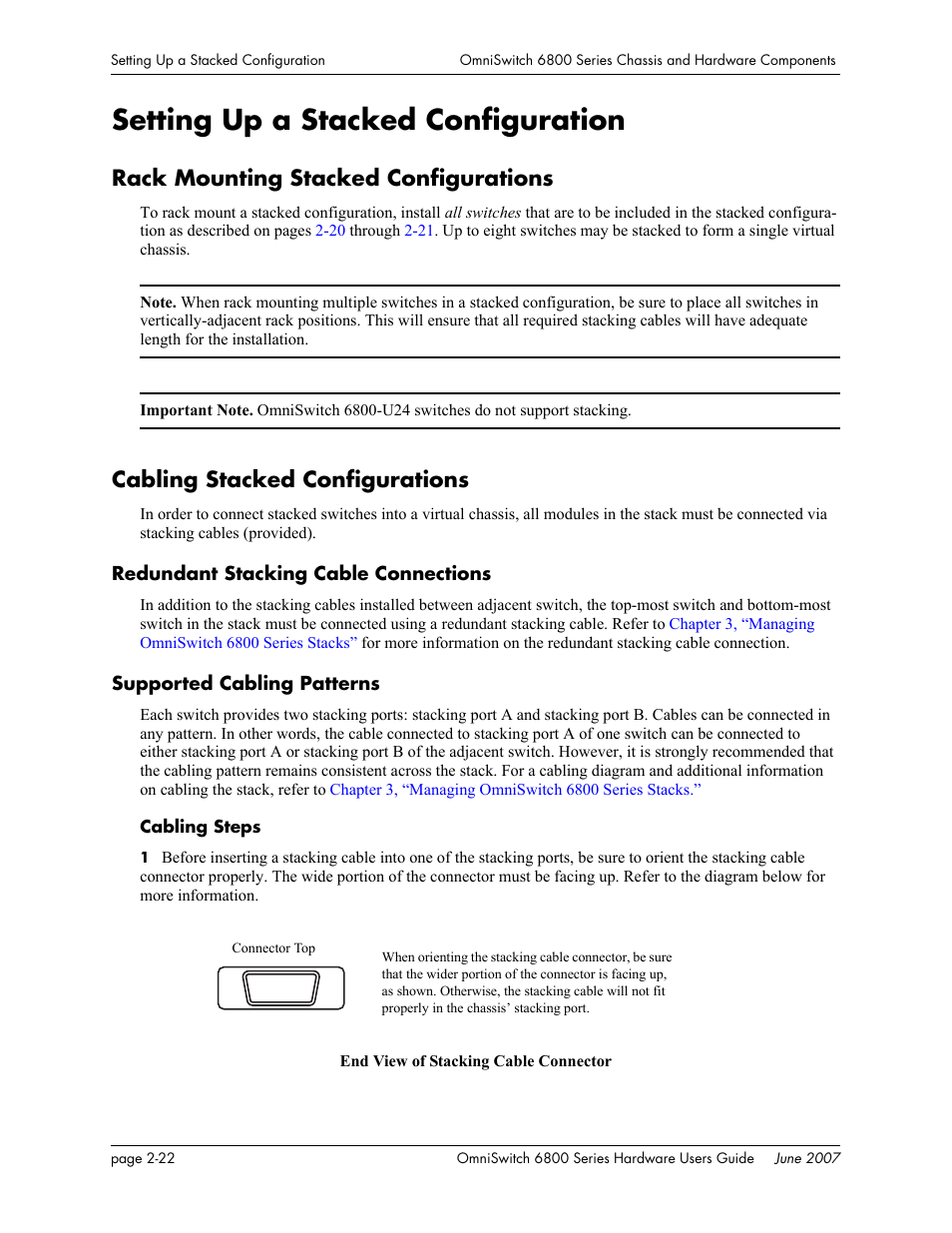 Setting up a stacked configuration, Rack mounting stacked configurations, Cabling stacked configurations | Redundant stacking cable connections, Supported cabling patterns, Setting up a stacked configuration -22, Switches, refer to, Setting up | Alcatel-Lucent OMNISWITCH 6800 User Manual | Page 48 / 134