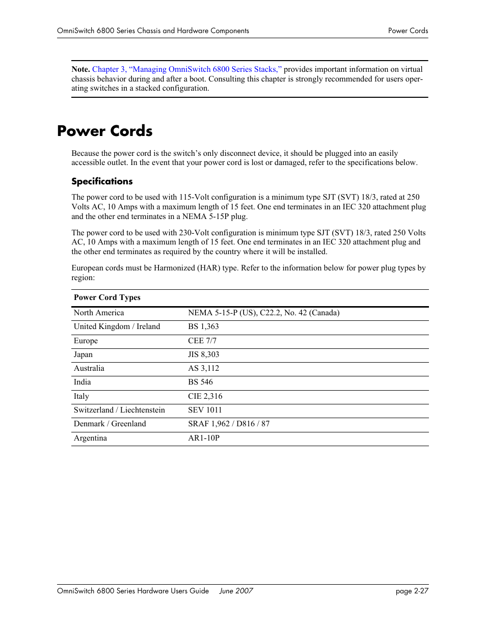 Power cords, Power cords -27 | Alcatel-Lucent OMNISWITCH 6800 User Manual | Page 53 / 134