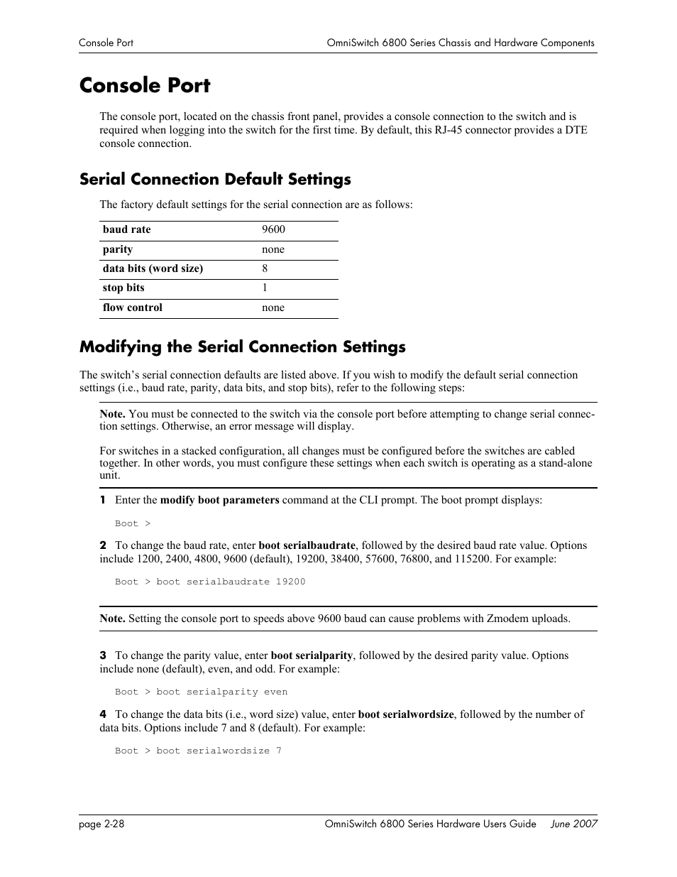 Console port, Serial connection default settings, Modifying the serial connection settings | Console port -28 | Alcatel-Lucent OMNISWITCH 6800 User Manual | Page 54 / 134