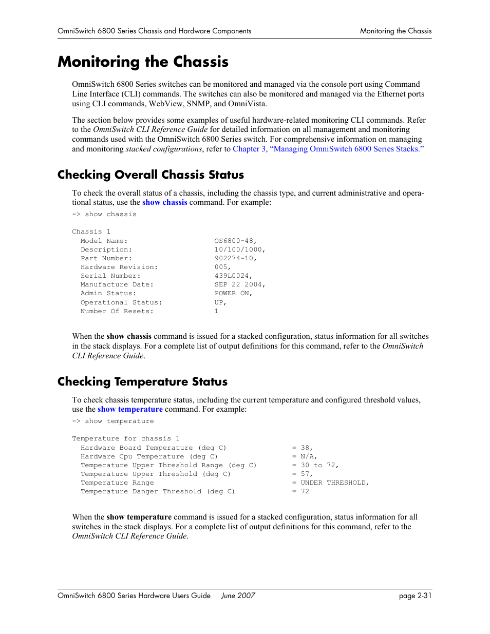 Monitoring the chassis, Checking overall chassis status, Checking temperature status | Monitoring the chassis -31 | Alcatel-Lucent OMNISWITCH 6800 User Manual | Page 57 / 134
