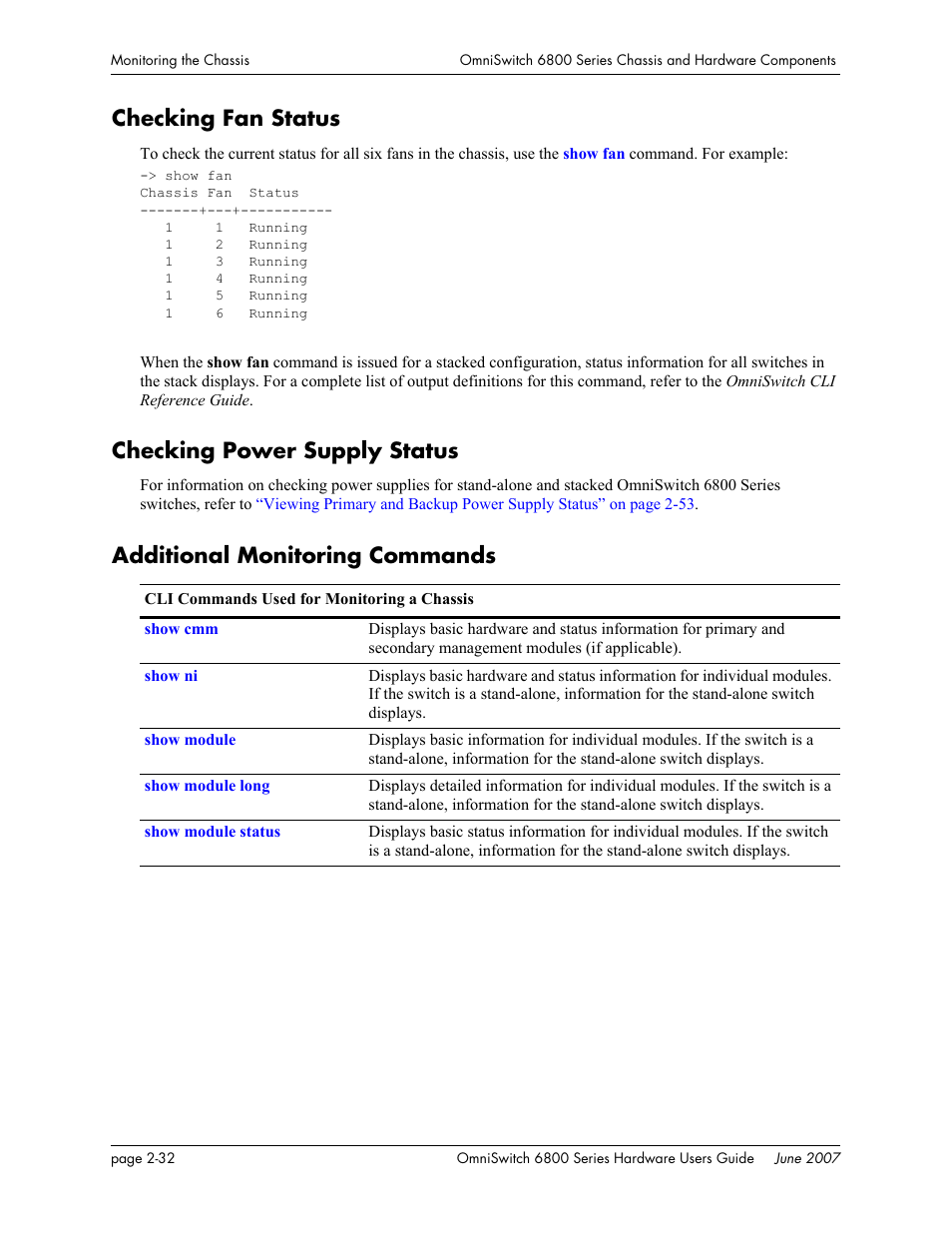 Checking fan status, Checking power supply status, Additional monitoring commands | Alcatel-Lucent OMNISWITCH 6800 User Manual | Page 58 / 134