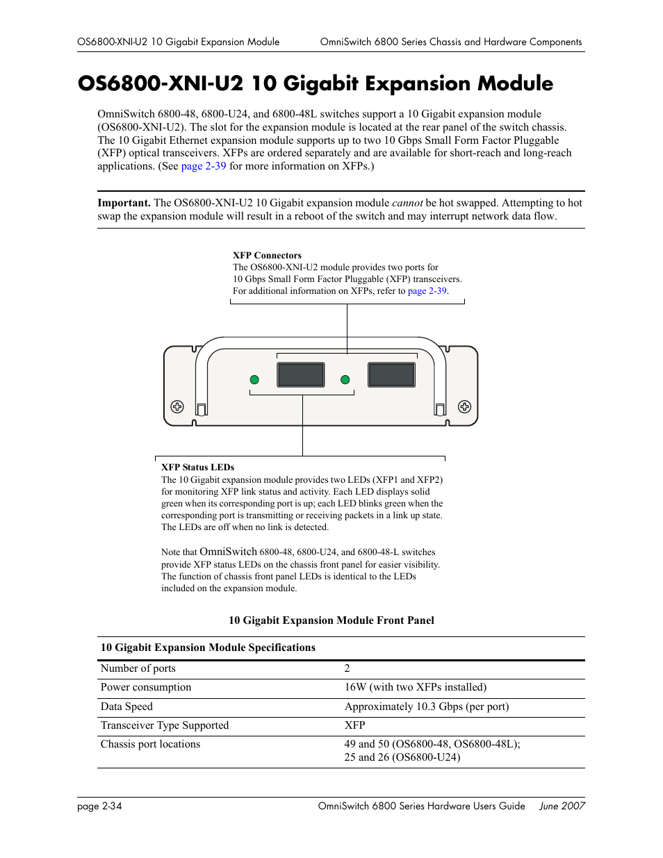 Os6800-xni-u2 10 gigabit expansion module, Os6800-xni-u2 10 gigabit expansion module -34, Os6800-xni-u2 10 gigabit | Alcatel-Lucent OMNISWITCH 6800 User Manual | Page 60 / 134