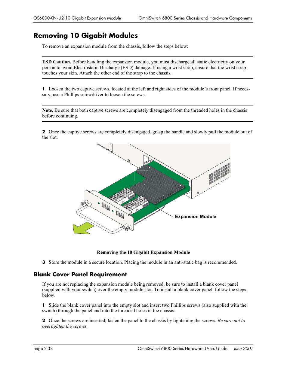 Removing 10 gigabit modules, Blank cover panel requirement, Removing 10 gigabit modules -38 | Blank cover panel requirement -38 | Alcatel-Lucent OMNISWITCH 6800 User Manual | Page 64 / 134