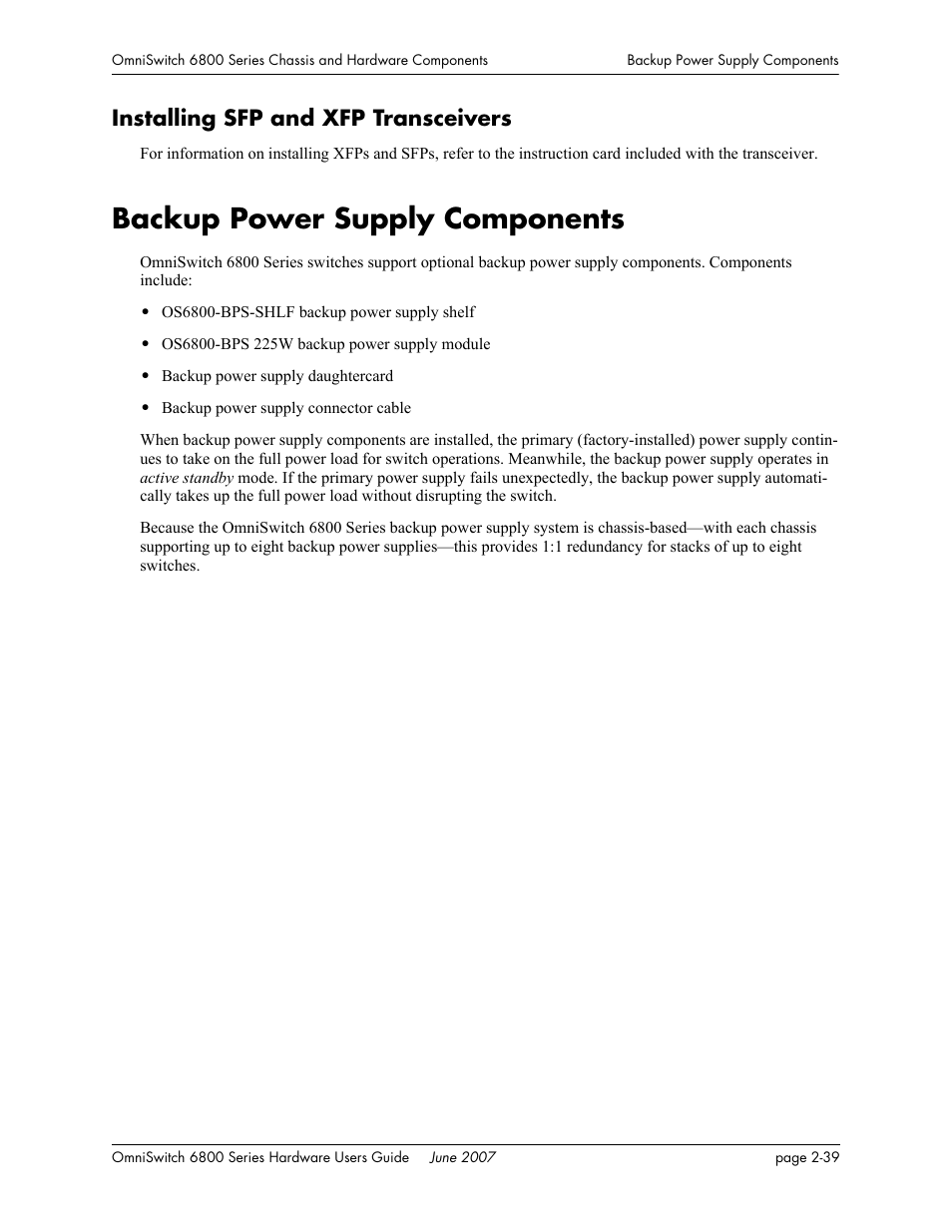 Installing sfp and xfp transceivers, Backup power supply components, Installing sfp and xfp transceivers -39 | Backup power supply components -39, For more | Alcatel-Lucent OMNISWITCH 6800 User Manual | Page 65 / 134