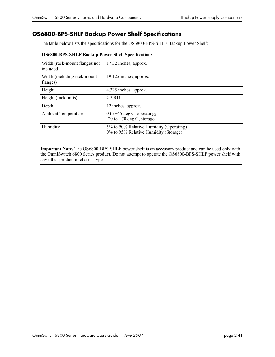 Os6800-bps-shlf backup power shelf specifications | Alcatel-Lucent OMNISWITCH 6800 User Manual | Page 67 / 134