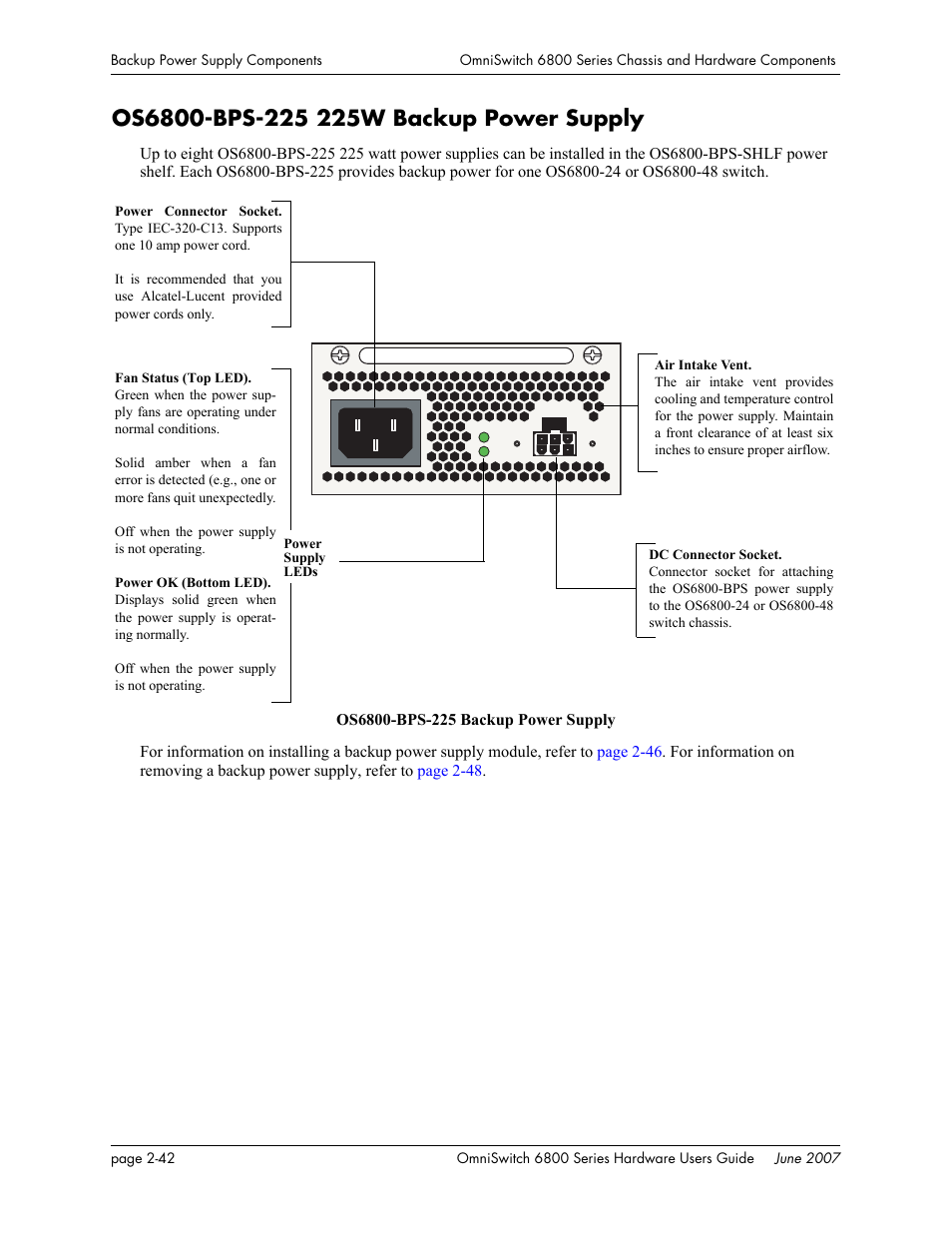 Os6800-bps-225 225w backup power supply, Os6800-bps-225 225w backup power supply -42, Os6800-bps-225 225w backup power | Alcatel-Lucent OMNISWITCH 6800 User Manual | Page 68 / 134