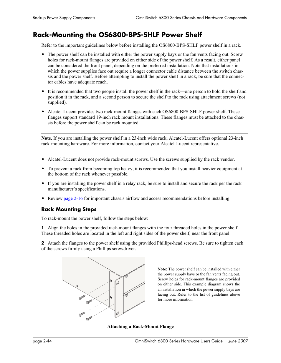 Rack-mounting the os6800-bps-shlf power shelf, Rack-mounting the os6800-bps-shlf power shelf -44 | Alcatel-Lucent OMNISWITCH 6800 User Manual | Page 70 / 134