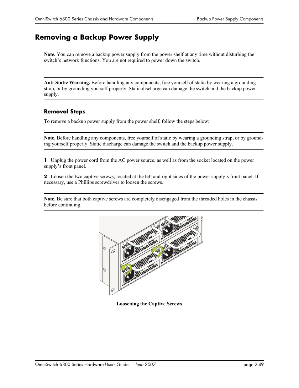 Removing a backup power supply, Removing a backup power supply -49 | Alcatel-Lucent OMNISWITCH 6800 User Manual | Page 75 / 134