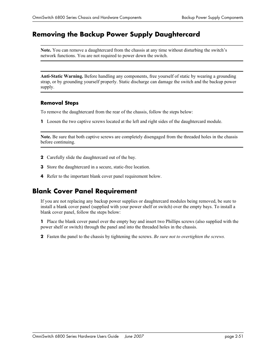 Removing the backup power supply daughtercard, Blank cover panel requirement | Alcatel-Lucent OMNISWITCH 6800 User Manual | Page 77 / 134