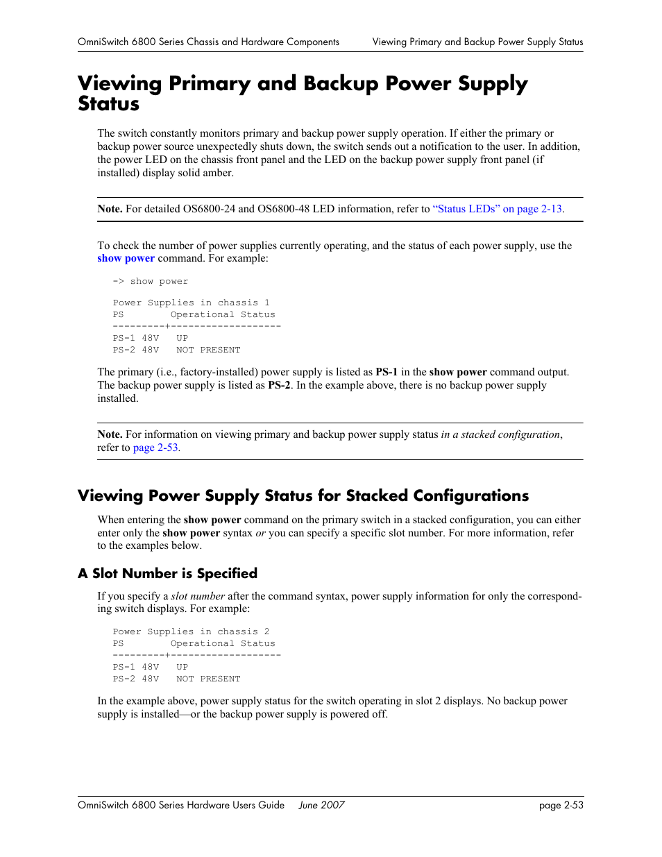 Viewing primary and backup power supply status, A slot number is specified, Viewing primary and backup power supply status -53 | A slot number is specified -53 | Alcatel-Lucent OMNISWITCH 6800 User Manual | Page 79 / 134