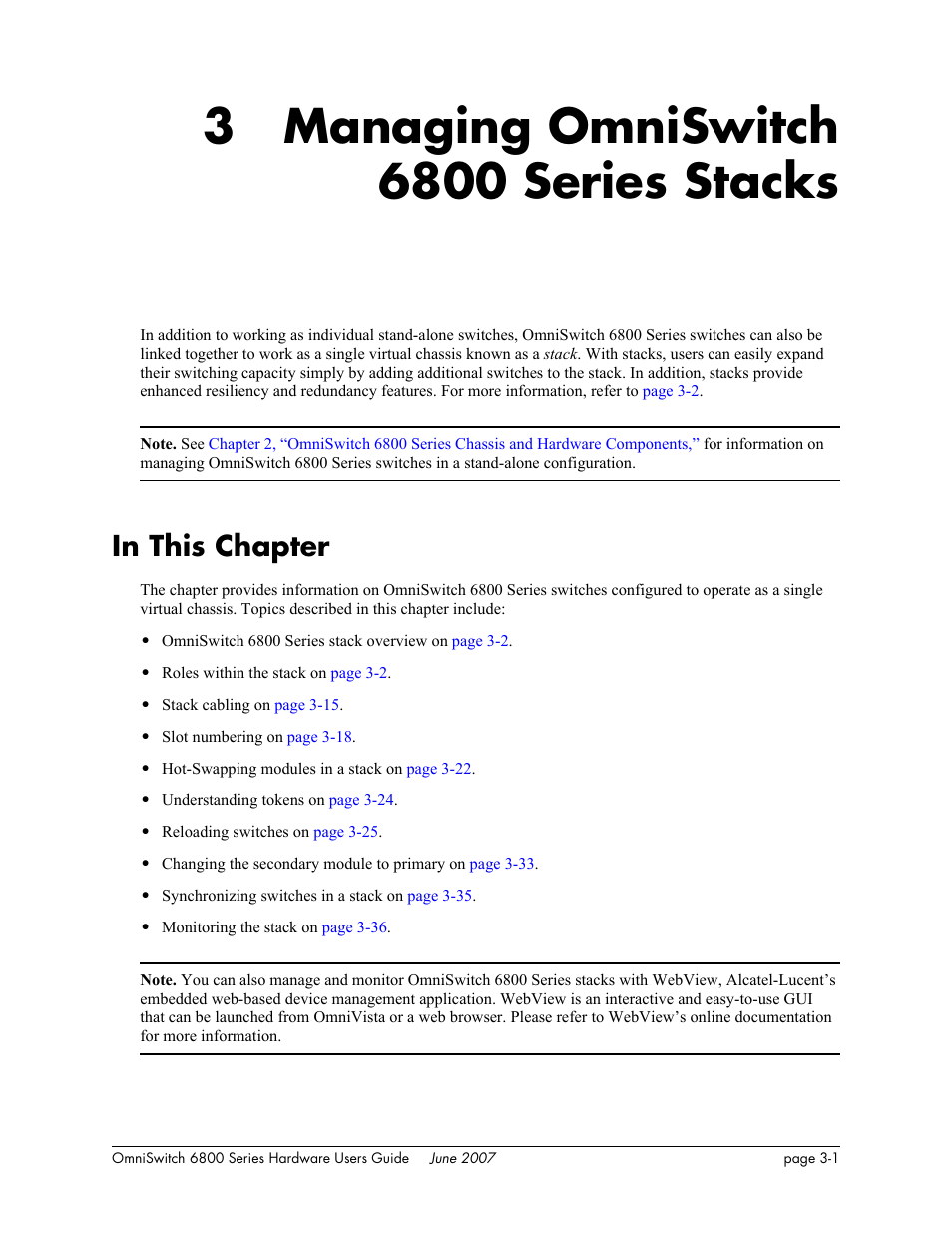 Managing omniswitch 6800 series stacks, In this chapter, Chapter 3 | In this chapter -1, Refer to, Chapter 3, “managing omniswitch 6800 series stacks, Chapter 3, “managing, Omniswitch 6800 series stacks, R to, Managing omniswitch 6800 series | Alcatel-Lucent OMNISWITCH 6800 User Manual | Page 81 / 134