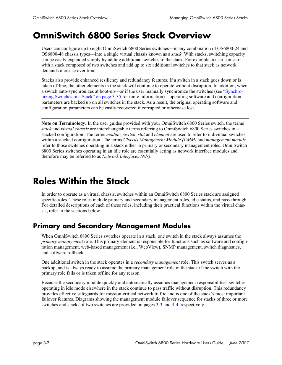 Omniswitch 6800 series stack overview, Roles within the stack, Primary and secondary management modules | Omniswitch 6800 series stack overview -2, Roles within the stack -2 | Alcatel-Lucent OMNISWITCH 6800 User Manual | Page 82 / 134