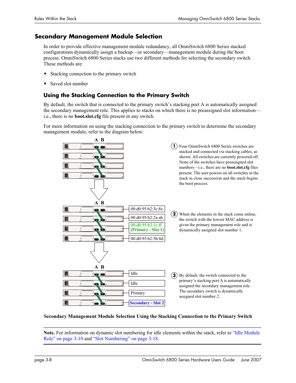 Secondary management module selection, Secondary management module selection -8, Provided on | Stacking connection to the primary switch, Saved slot number | Alcatel-Lucent OMNISWITCH 6800 User Manual | Page 88 / 134