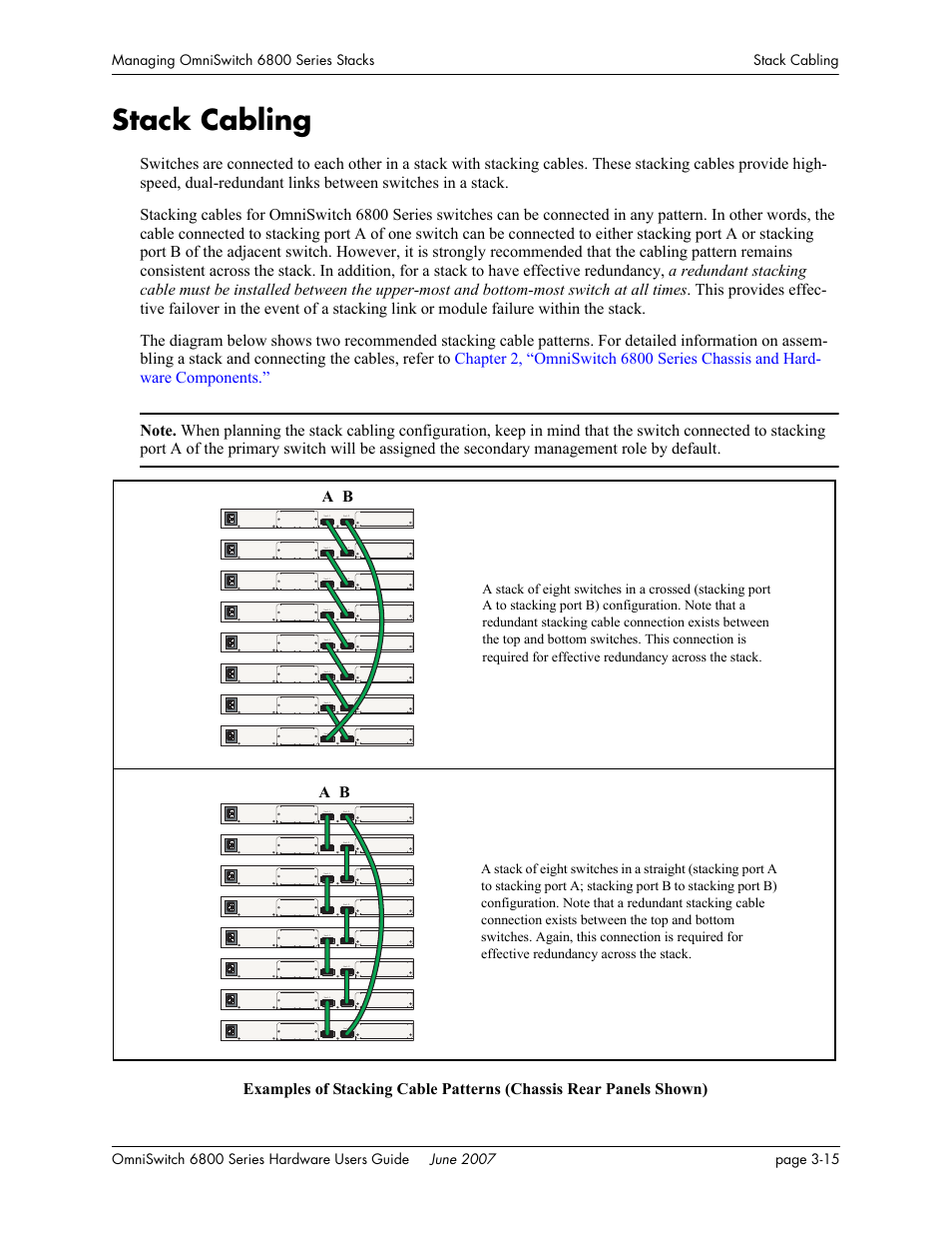 Stack cabling, Stack cabling -15 | Alcatel-Lucent OMNISWITCH 6800 User Manual | Page 95 / 134