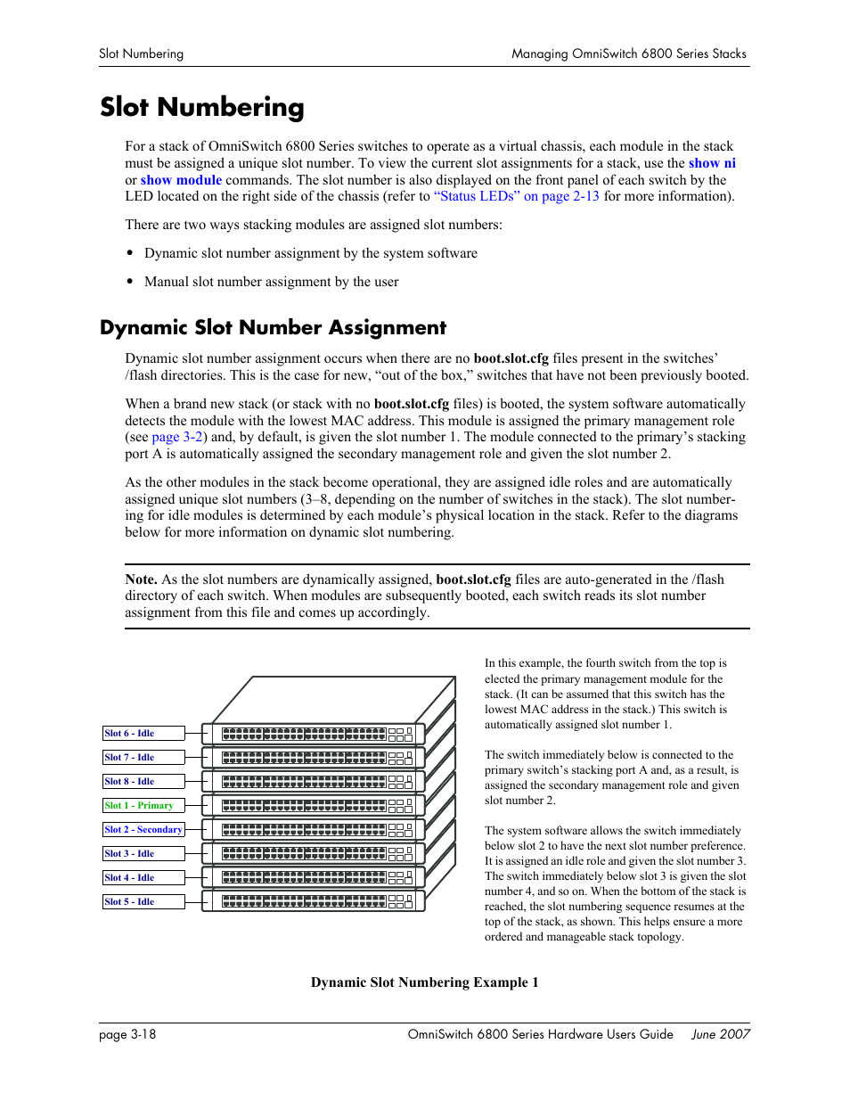 Slot numbering, Dynamic slot number assignment, Slot numbering -18 | Dynamic slot number assignment -18 | Alcatel-Lucent OMNISWITCH 6800 User Manual | Page 98 / 134