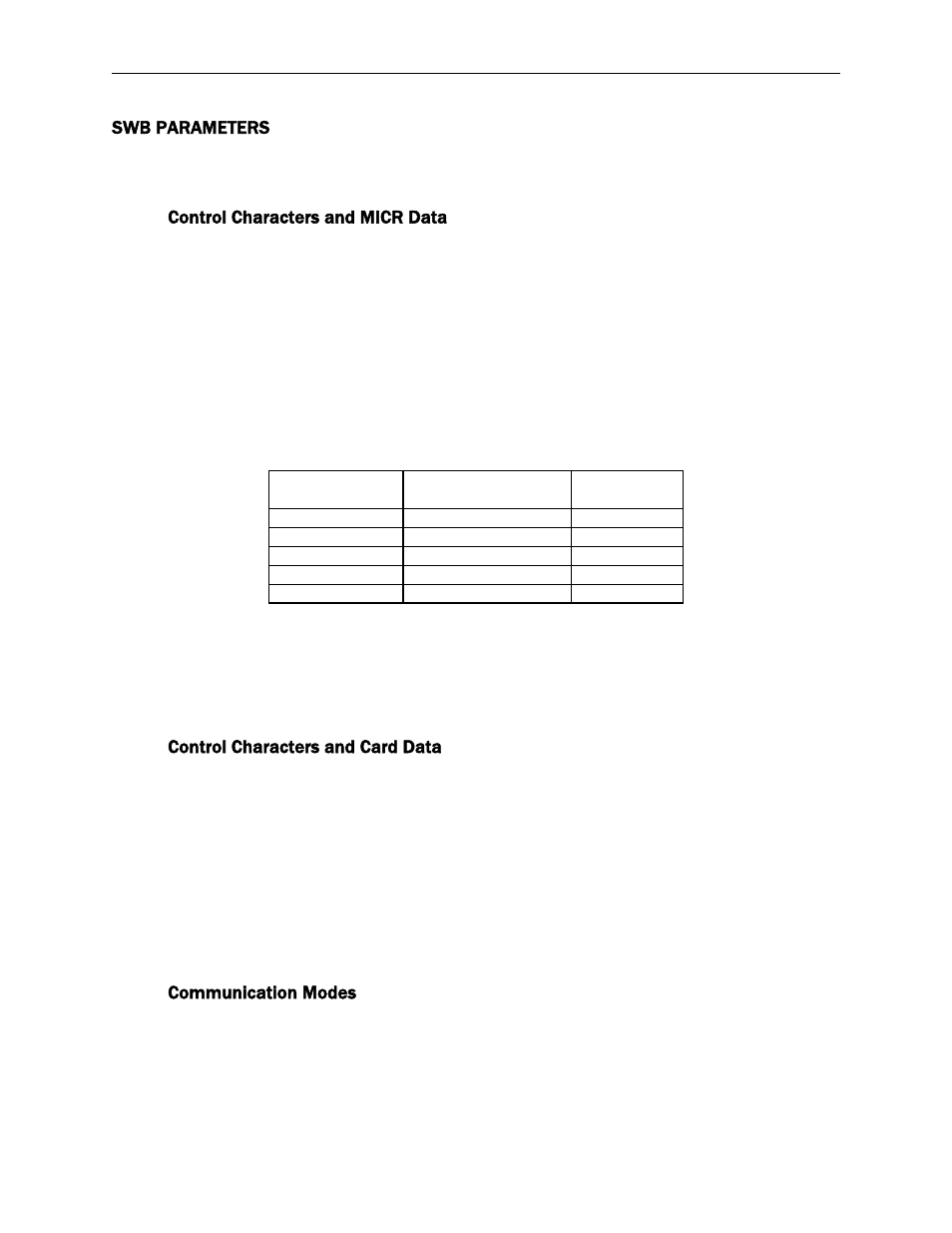 Swb parameters, Control characters and micr data, Control characters and card data | Communication modes | MagTek MICRSafe99875466 User Manual | Page 20 / 79