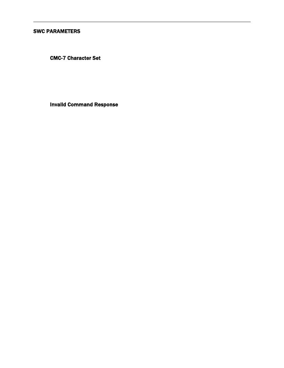 Swc parameters, Cmc-7 character set, Invalid command response | MagTek MICRSafe99875466 User Manual | Page 23 / 79