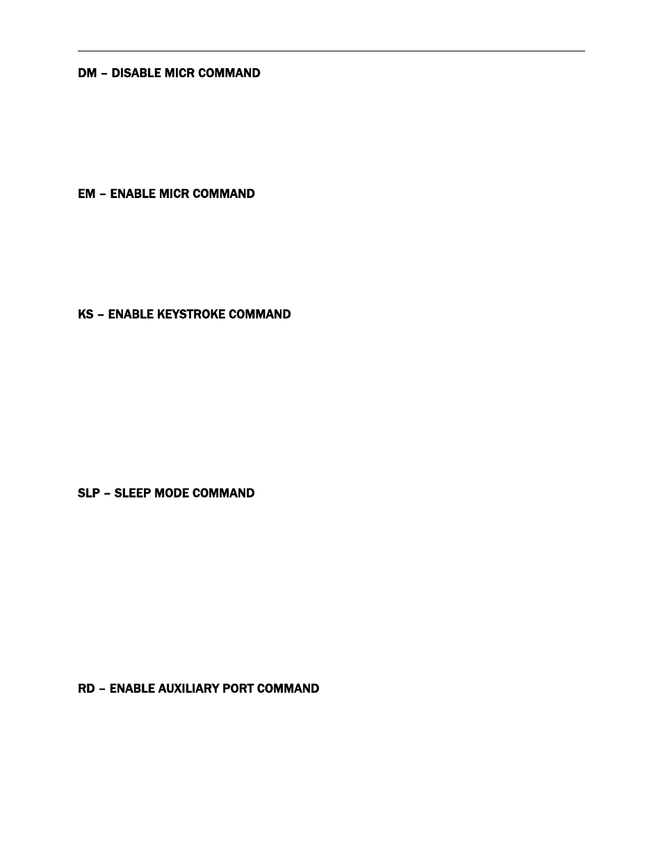 Dm – disable micr command, Em – enable micr command, Ks – enable keystroke command | Slp – sleep mode command, Rd – enable auxiliary port command | MagTek MICRSafe99875466 User Manual | Page 27 / 79