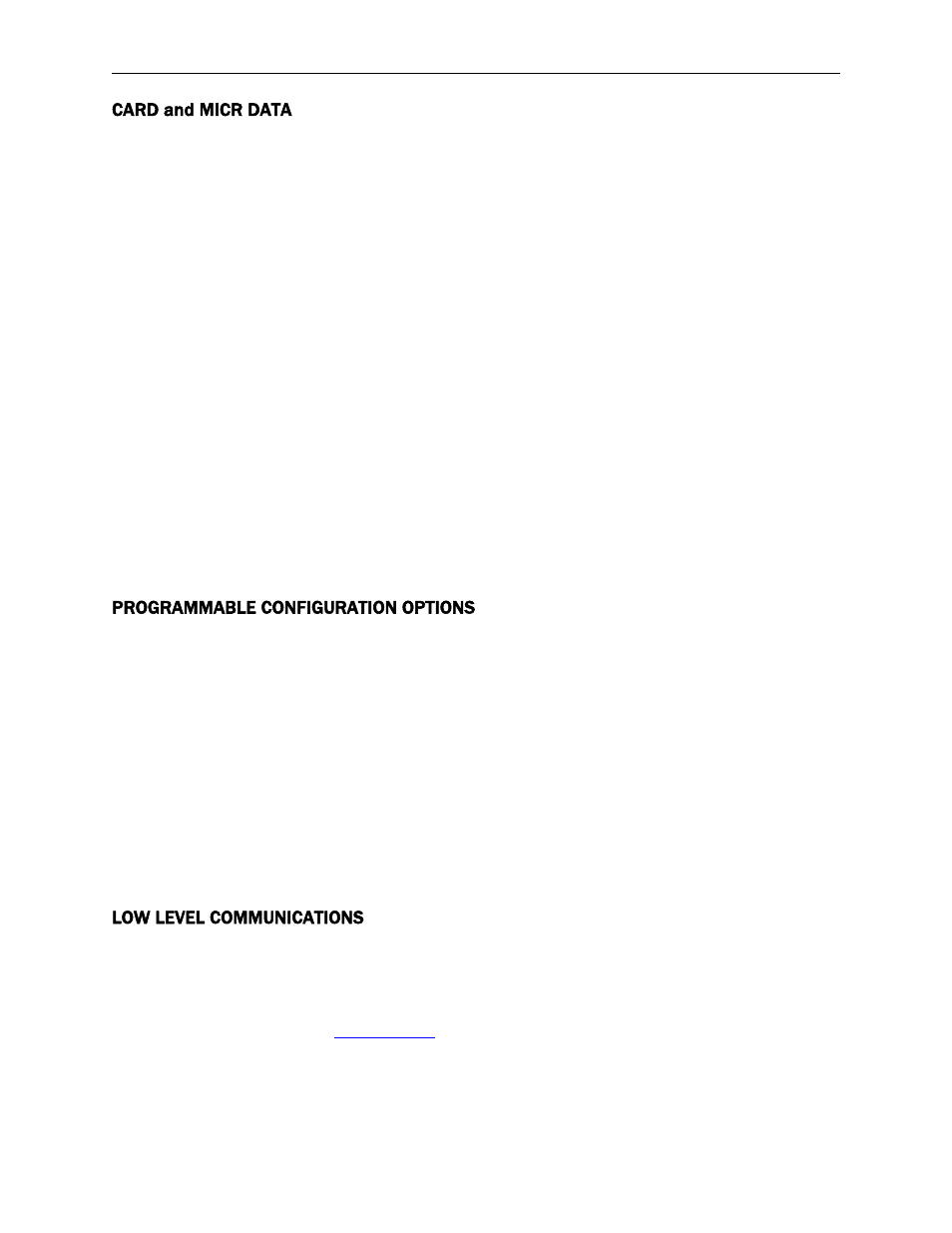Card and micr data, Programmable configuration options, Low level communications | MagTek MICRSafe99875466 User Manual | Page 30 / 79
