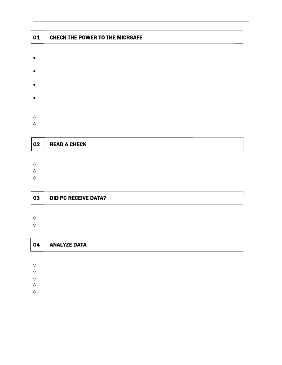 01 check the power to the micrsafe, 02 read a check, 03 did pc receive data | 04 analyze data, Check the power to the micrsafe, Read a check, Did pc receive data, Analyze data | MagTek MICRSafe99875466 User Manual | Page 62 / 79