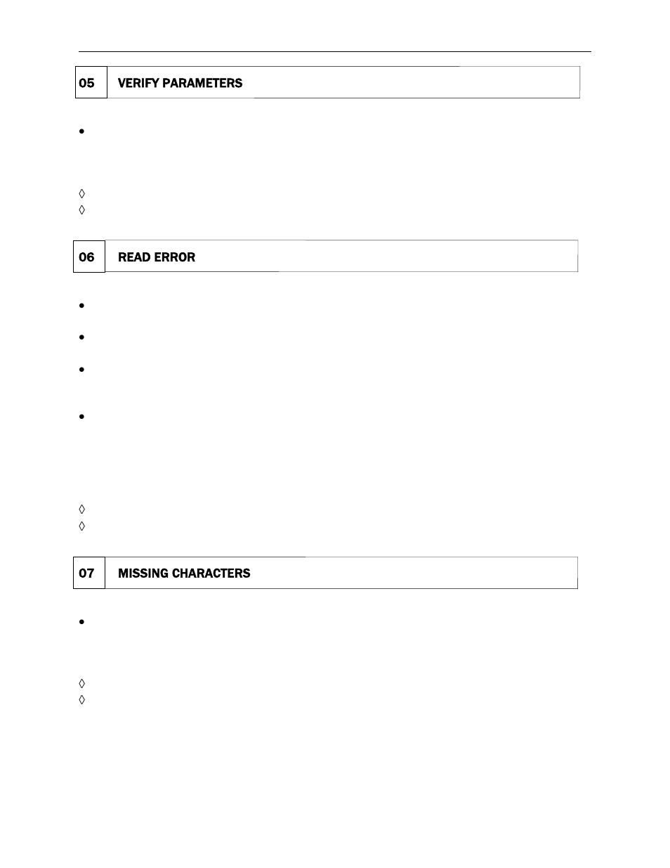 05 verify parameters, 06 read error, 07 missing characters | Verify parameters, Read error, Missing characters | MagTek MICRSafe99875466 User Manual | Page 63 / 79