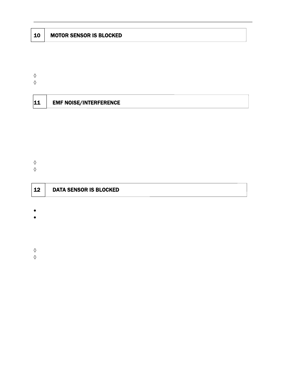 10 motor sensor is blocked, 11 emf noise/interference, 12 data sensor is blocked | Motor sensor is blocked, Emf noise/interference, Data sensor is blocked | MagTek MICRSafe99875466 User Manual | Page 65 / 79