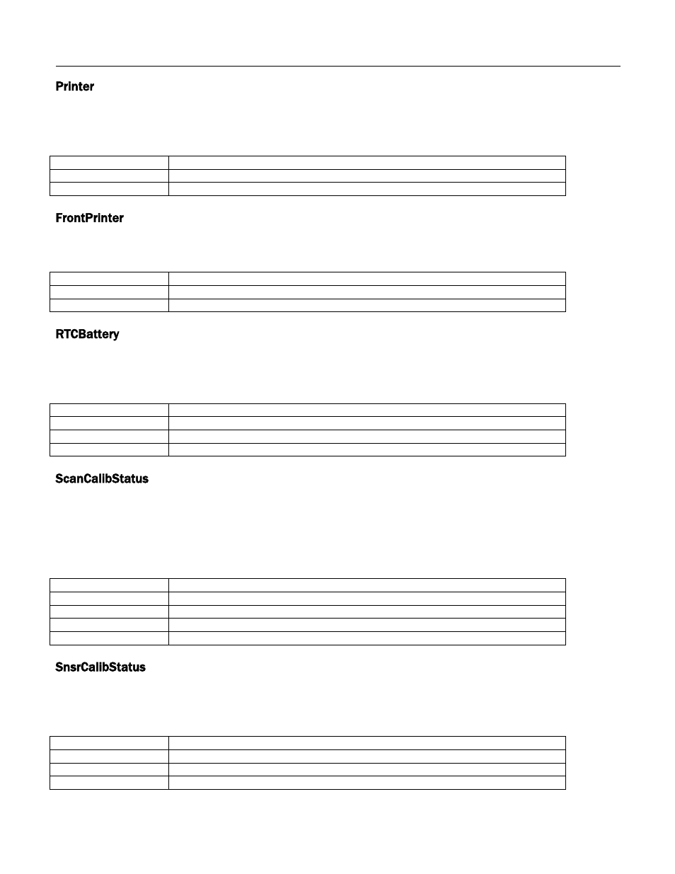 Printer, Frontprinter, Rtcbattery | Scancalibstatus, Snsrcalibstatus | MagTek Excella STX99875340 User Manual | Page 104 / 137