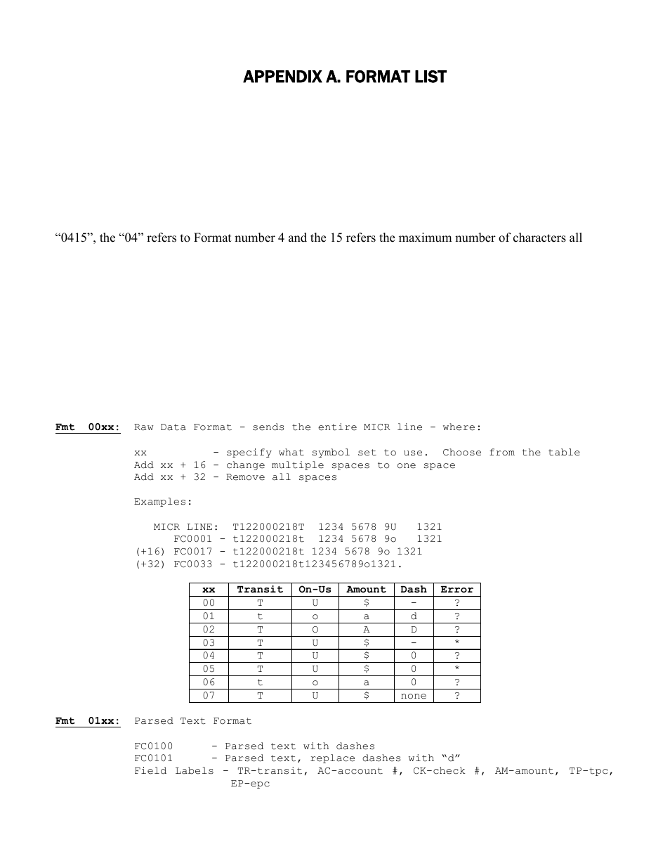 Appendix a. format list, Fmt 01xx: parsed text format | MagTek Excella STX99875340 User Manual | Page 115 / 137