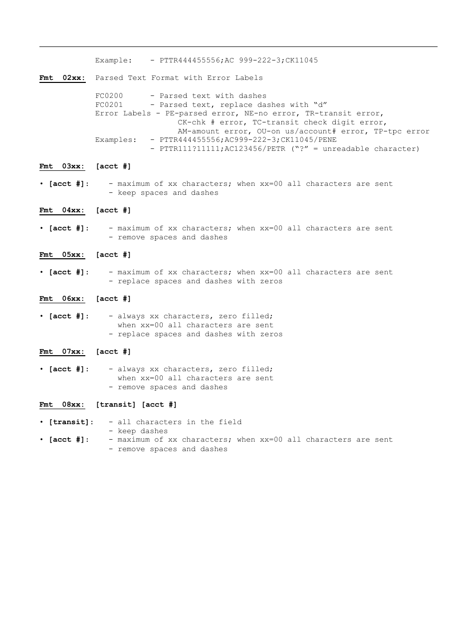 Fmt 03xx: [acct, Fmt 04xx: [acct, Fmt 05xx: [acct | Fmt 06xx: [acct, Fmt 07xx: [acct, Fmt 08xx: [transit] [acct | MagTek Excella STX99875340 User Manual | Page 116 / 137