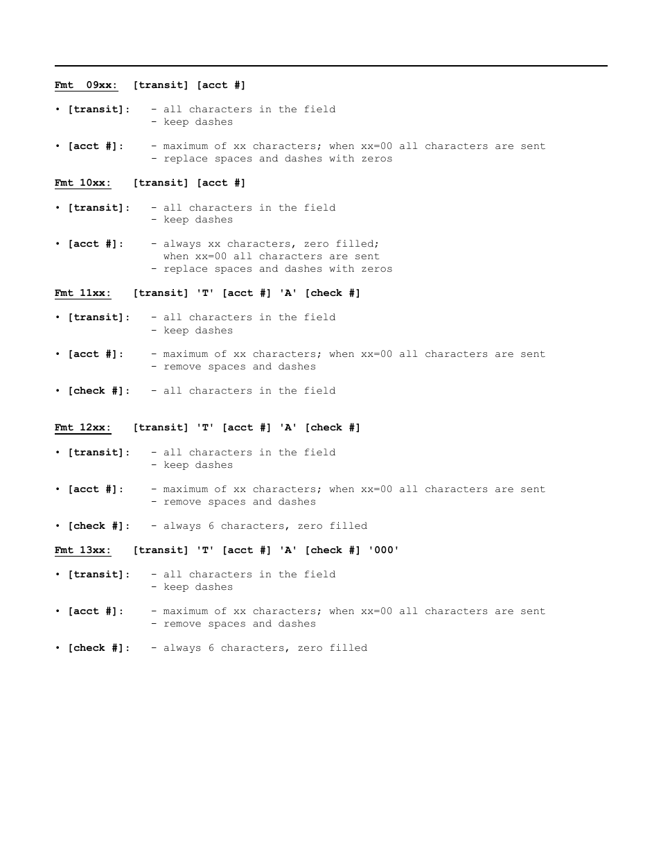 Fmt 09xx: [transit] [acct, Fmt 10xx: [transit] [acct, Fmt 11xx: [transit] 't' [acct #] 'a' [check | MagTek Excella STX99875340 User Manual | Page 117 / 137